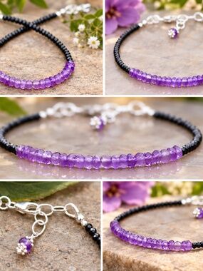 Natural Black Spinel and Amethyst Bracelet Sterling Silver, 7.15" to 7.9"